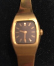 Womens Ladies almost square black face goldtone watch with chain needs battery