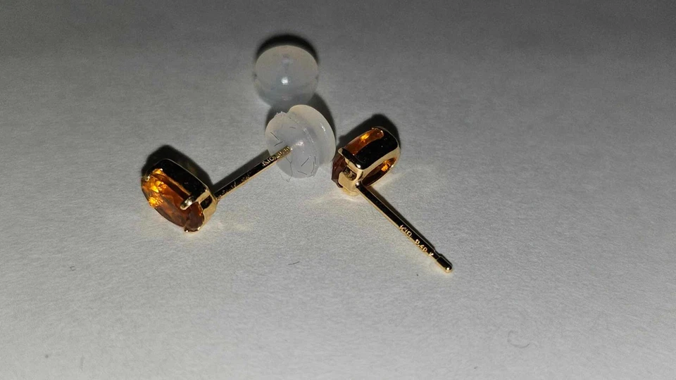 Серьги-гвоздики с цитрином из настоящего желтого золота 18 карат ноябрьский камень силиконовый замок - Изображение 3 из 4