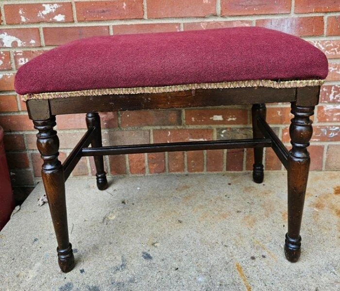 Vintage Mahogany Bench Footstool Red Wool Upholstery - Image 2 of 4