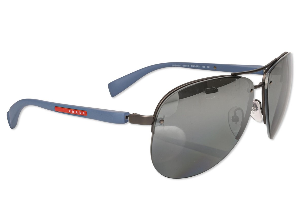 Prada Polarized Blue Sunglasses Silver Mirror Pilot 62mm Mens SPS