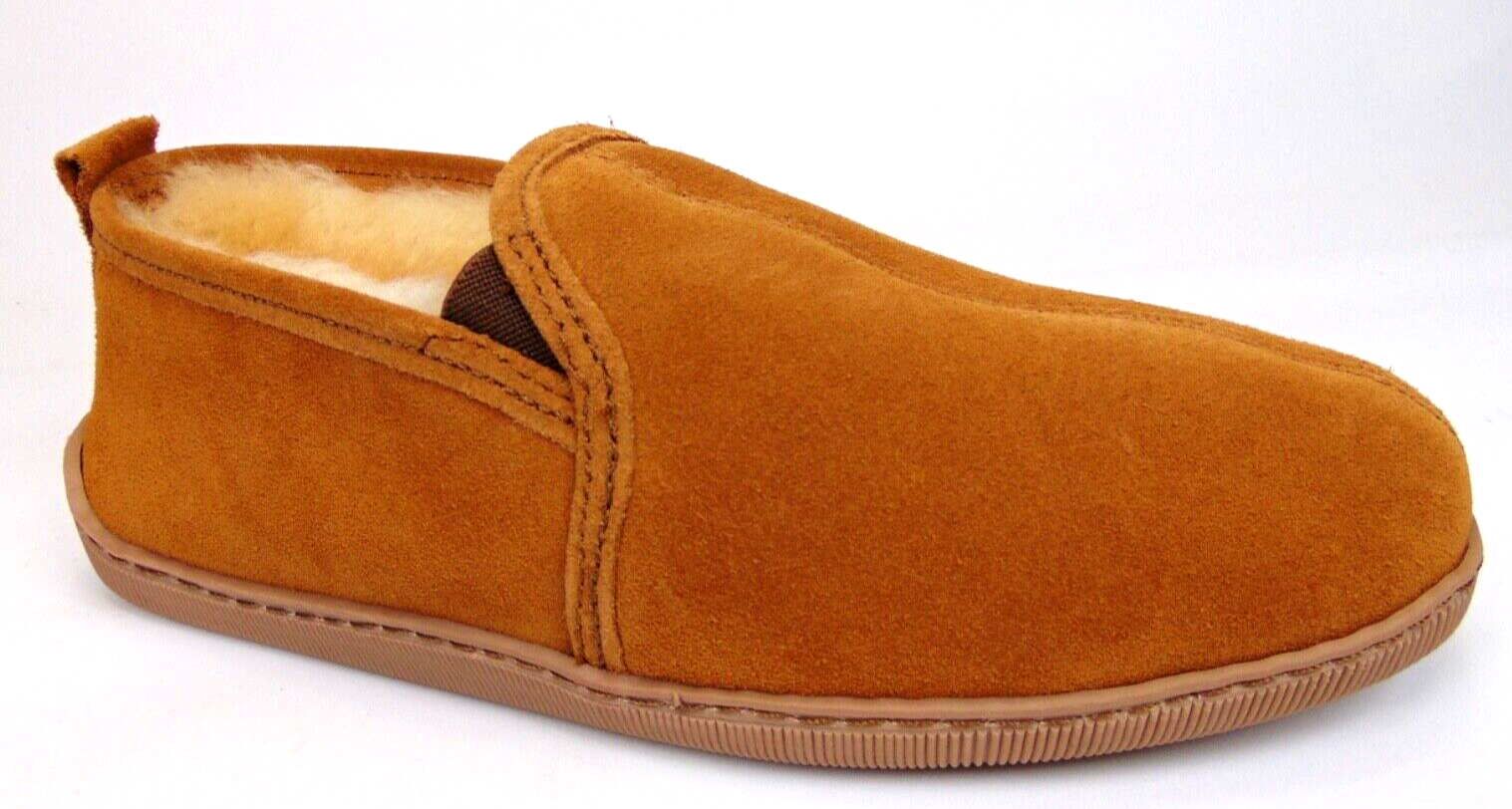 PANTOFOLA D’ORO NUOVO! Minnetonka Ciabatte Uomo Twin Gore Pelle di Pecora Marrone Dorato Taglia 7.0 M NUOVE