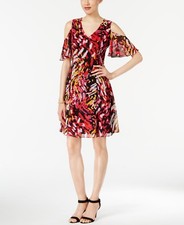 $210 Nine West Womens Red Floral Printed A Line Cold Shoulder Shift Dress Size 6