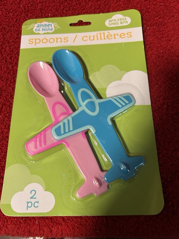 Angel of Mine BPA-Free Airplane Baby Feeding Spoons 2pc Plastic Blue Pink 6M+