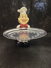 Vintage Fat Chef Figurine with Metal Tray 12" Resin Bistro Kitchen Decor Statue