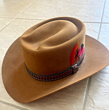 Vintage John B. Stetson 4X Beaver Western Cowboy Hat Brown w Feather 7 1/2"