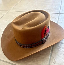 Vintage John B. Stetson 4X Beaver Western Cowboy Hat Brown w Feather 7 1/2"