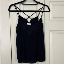 ABERCROMBIE & FITCH X-Small Navy Blue Camisole Tank Crochet Floral Gauze Layer