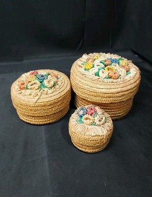 Vintage Set Of 3 Covered Nesting Baskets, Woven Straw Grass Floral Made Japan 