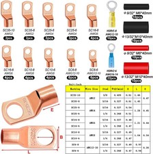 110PCS Copper Wire Lugs,Battery Lugs AWG 2/4/6/8/10/12/14/16 Gauge Copper Lugs A