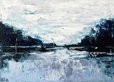 Lake Painting Abstract  Original Art Impasto Oil Painting 10x14" Foggy Forest