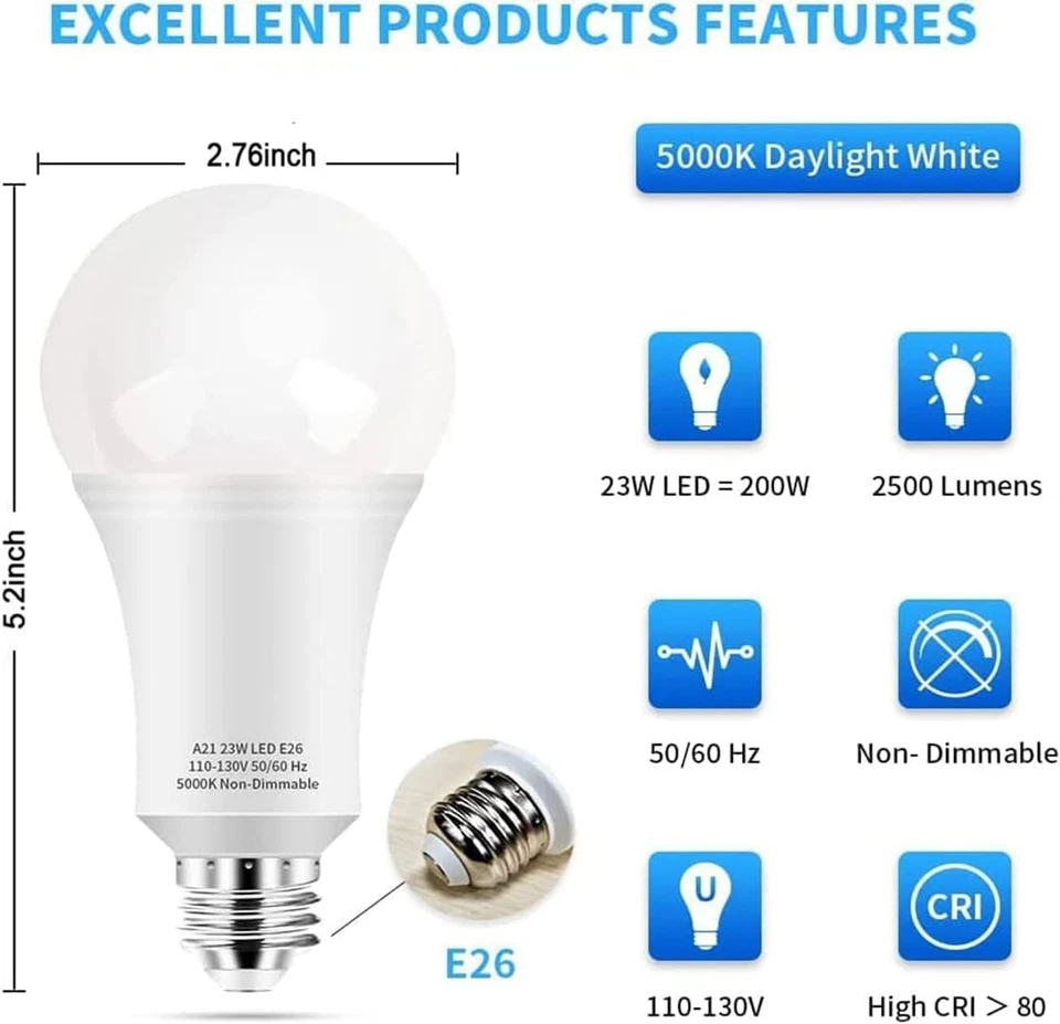 A21 LED Light Bulbs, 150 Watt Equivalent LED Bulbs, Daylight White 5000K, 2500 - Image 3 of 4