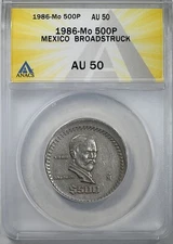 1986-Mo Mexico 500P Pesos ANACS AU50 Mint Error Broadstruck