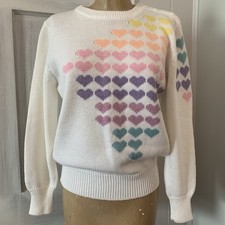 Vintage Rainbow Hearts Sweater 1980s White Knit Authentic Novelty Sweater Lg