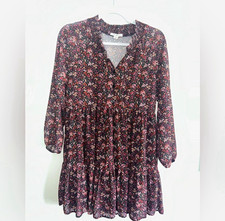 American Eagle S Black Floral Smocked V-Neck Button Front Mini Dress