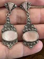 Boma Vtg Sterling Silver Pink Mother Of Pearl Marcasite Dangle Earrings Art Deco