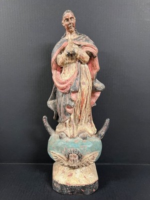 CARVED WOOD RELIGIOUS BLESSED VIRGIN MARY STATUE #VM38