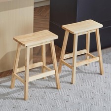 24 Inch Solid Wood Saddle Barstool Set of 2 with Footrests Counter Height