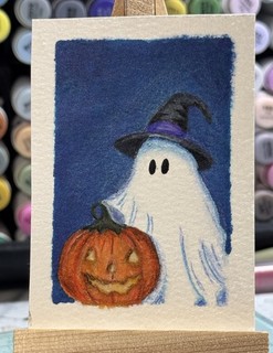 ACEO Original Art Card “Class Photo” Ghost With Pumpkin Mixed Media Art