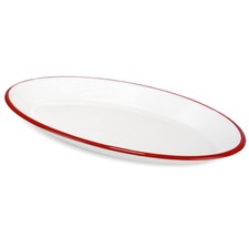 Enamelware Metal Classic 13" Serving Oval Tray Platter, Solid White/Red Rim