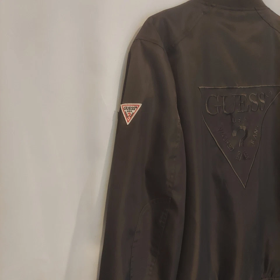 Guess Mens Dark Army Green Embroidered Bomber Jacket Size Large - Image 3 of 4