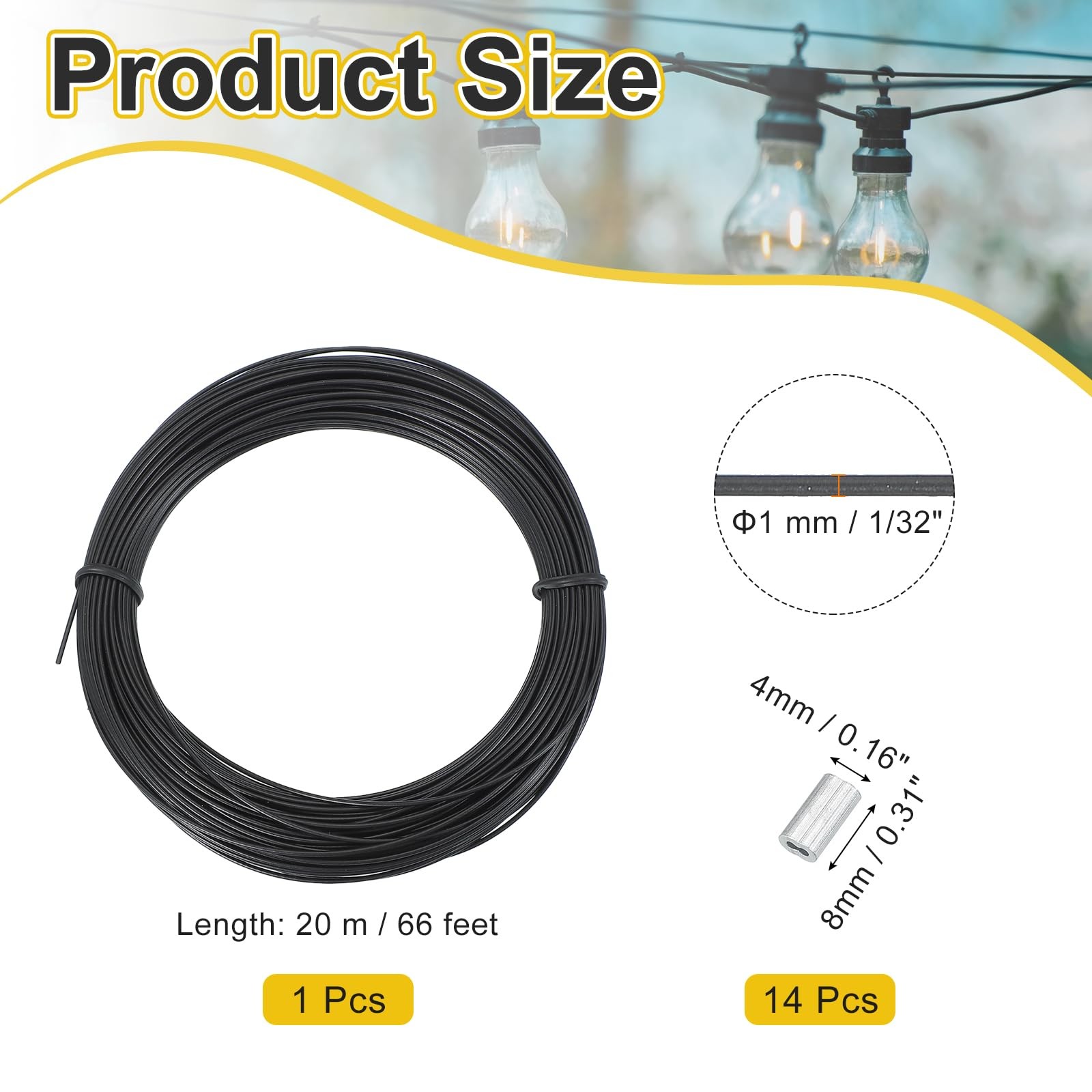 1/32" Wire Rope, 66 Ft 304 Stainless Steel Wire Cable Black Vinyl Coated with 20