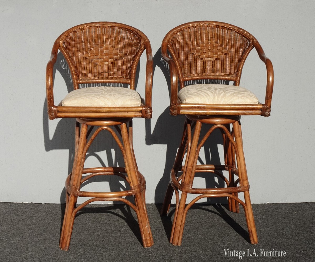 Pair Vintage Swivel Barstools Mid Century Modern Bamboo White Bar
