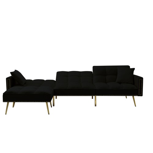 107.7in Velvet Sectional Sleeper Sofa Bed Adjustable Cushions W/ 2 Toss Pillows - Picture 4 of 12