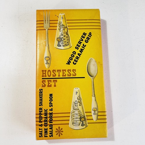Hostess Set - Salad Fork & Spoon and Salt & Pepper Vintage Boxed Ceramic & Wood - Picture 8 of 9