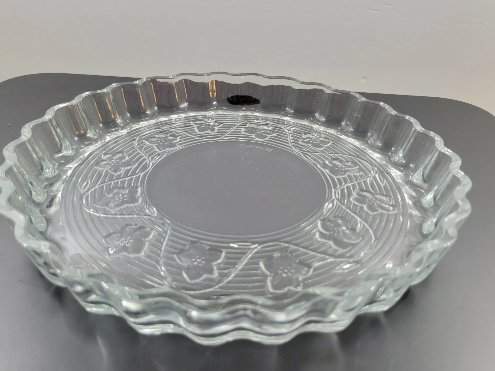 Vintage Glass Quiche Pie Plate Clear Embossed Floral Scalloped Rim 10" As Is