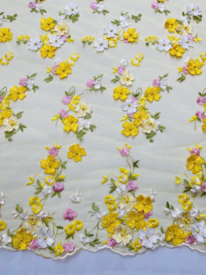 Emily 3-D Floral Design Embroider with Pearls On A Mesh Lace Fabric (1 Yard, Bright Yellow) main image 1