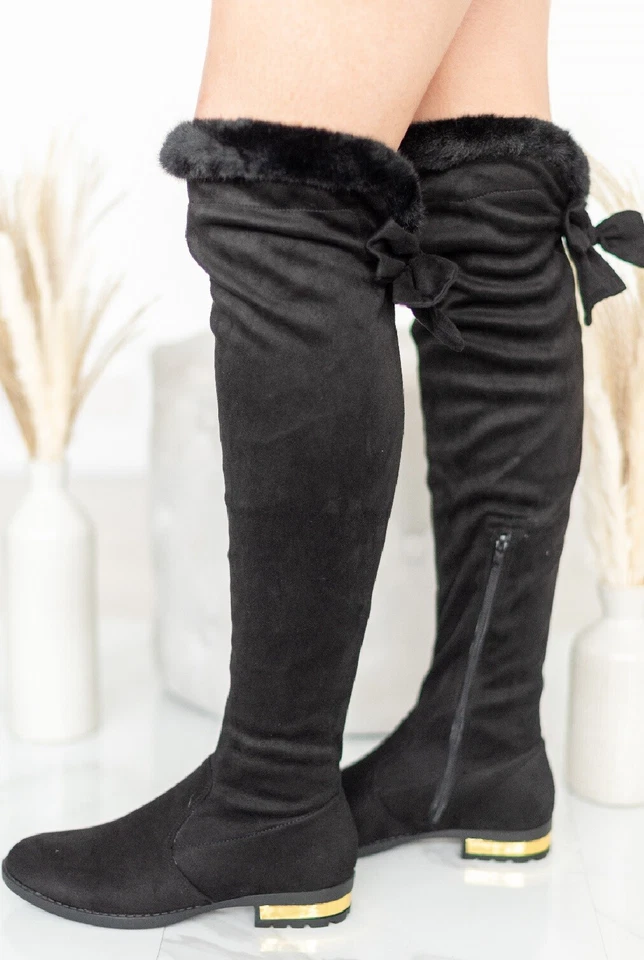 WOMENS OVER THE KNEE HIGH STUD FUR LADIES FLAT LOW HEEL GOLD TRIM BOOTS SIZE 3-8