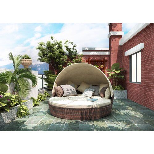 Sonnenliege Tagesbett Outdoor Terrasse Schnittsofa mit einziehbarem Baldachin beige/blau - Bild 1 von 25