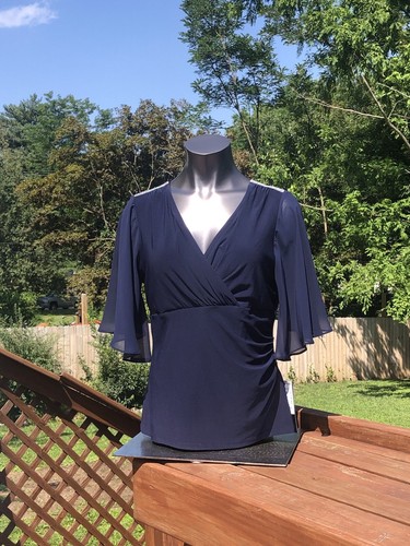 Camicia Prelude blu navy donna L top scintillante nuova con etichette blusa spalle Bling lucida USA - Foto 2 di 12