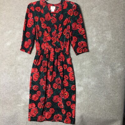 VTG Luci Pellini La Milan Dress Womens 12 Red Floral Hand Pockets Elastic Waist
