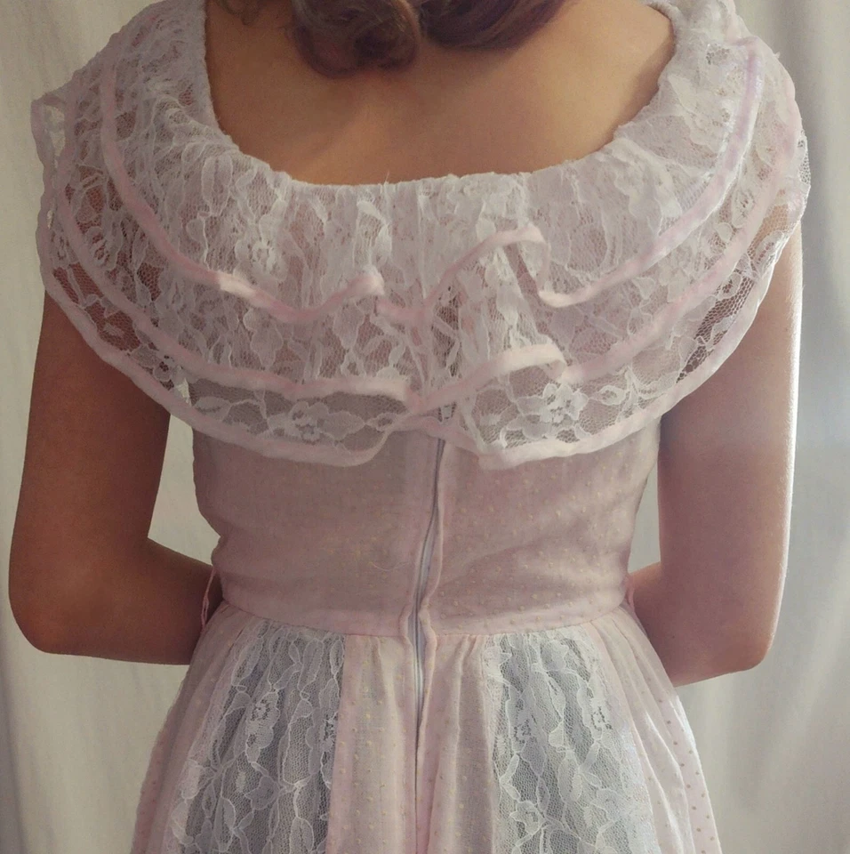 Vintage Prom Dress Halloween Costume Pink Lace Handmade Prairie Cottagecore Gown - Image 4 of 4