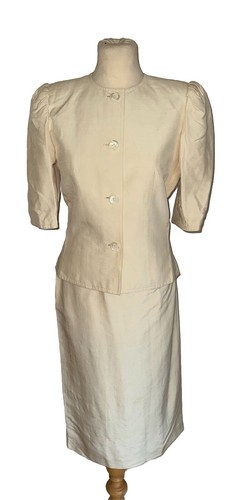 PIERRE BALMAIN SKIRT SUIT CREAM SILK 1980'S BUTTON FRONT HALF SLEEVE SIZE S - Picture 16 of 19