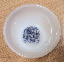 White Glass Soup Cereal Bowl with Blue Currier and Ives Pattern Vintage