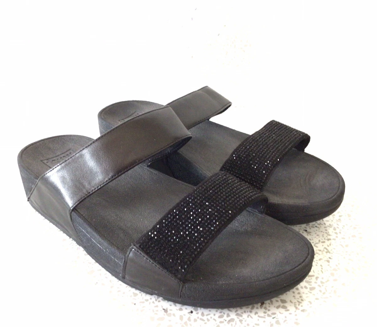 FitFlop LULU Crystal Slides Black Sparkly Two Strap Sandals UK