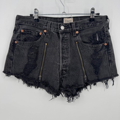 FURST OF A KIND Black Denim Distressed Zipper Shorts Women's Cutoff Raw Hem