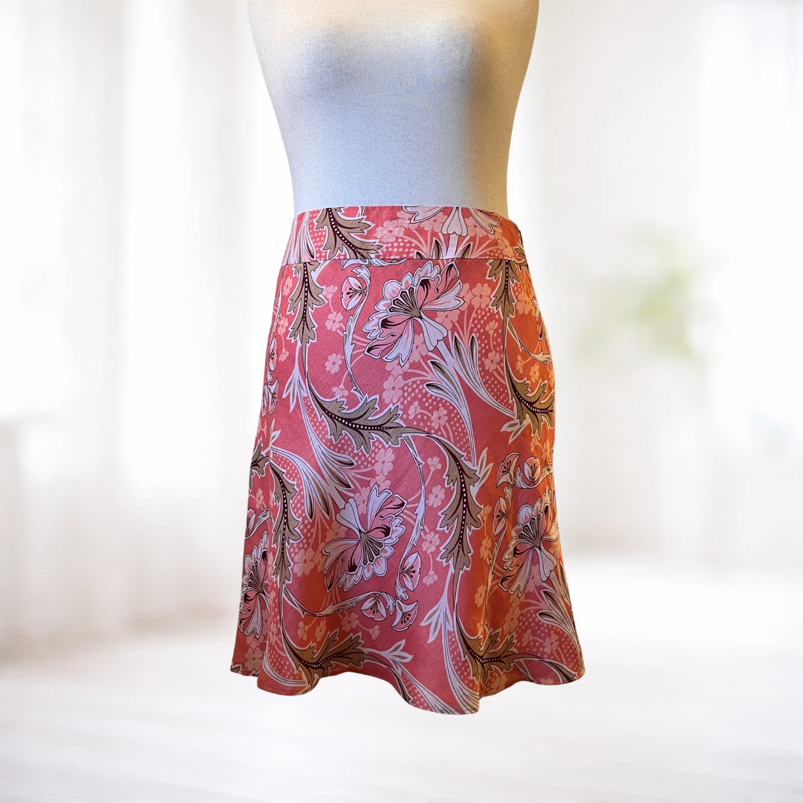 LOFT Coral Pink Floral Silk Linen Blend Skirt 8 Knee Boho Office Costal Cruise
