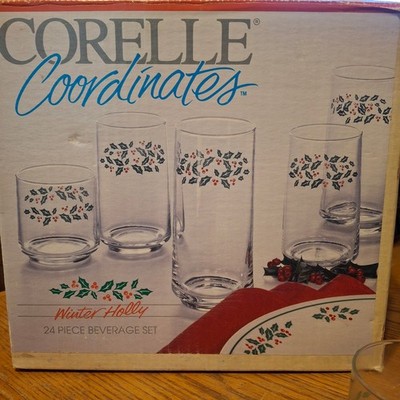 Rare vintage set Corelle Coordinates Winter Holly 24 piece beverage glasses /box