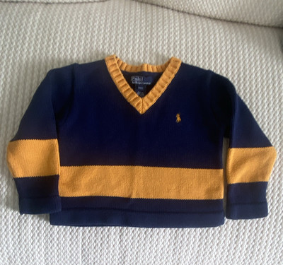 Polo Ralph Lauren Toddler Knit V-Neck Striped Sweater 2/2T Blue Yellow Cotton