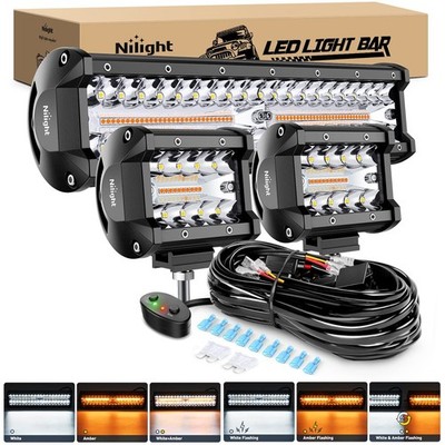 Nilight 12Inch 300W LED Light Bar 2PCS 4Inch 60W Light Pods Amber White Strob...