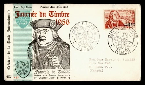 DR WHO 1956 FRENCH ALGERIA FDC OVPT ALGER STAMP DAY SEMI POST PAC CACHET M76480