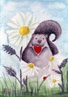 ACEO Original Watercolor Squirrel Daisy Flowers Love Ladybug Nature Heart Blue — photo 1