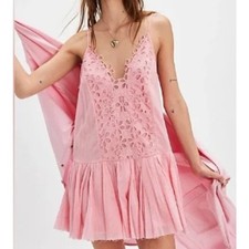 Free People FP One Casella Drop Waist Embroidered Slip Mini Dress Pink XS NWOT