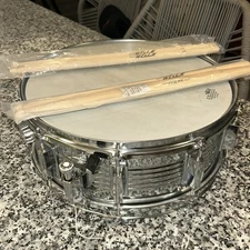 Vintage  Chrome Snare (Unbranded) Drum with Drumsticks