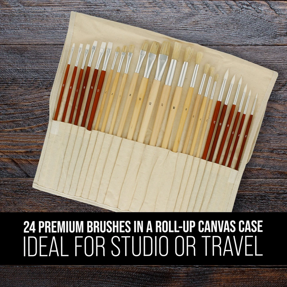 US Art Supply 24pc Oil & Acrylic Paint Long Handle Brush Set FREE Canvas Roll-Up - Image 3 of 4