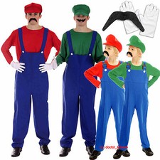 Mario Luigi Fancy Dress Plumber Workman Costume Mens Adult Boys Gloves Moustache