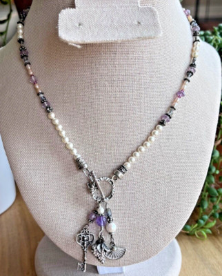 Vintage Peyote Bird pearl amethyst silver toggle necklace fan, grapes, key charm